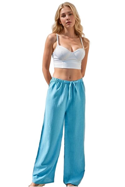 Cassime High Waist Wide Leg Linen Turquoise Palazzo Trousers - Women's Summer Design