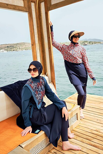 Haşema Esila Çiçek Desenli Kırmızı Lacivert Jileli Tam Tesettür Mayo Üstü