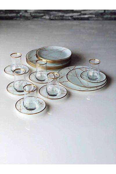 B&M 24 Piece White Marble Patterned Round Breakfast Set