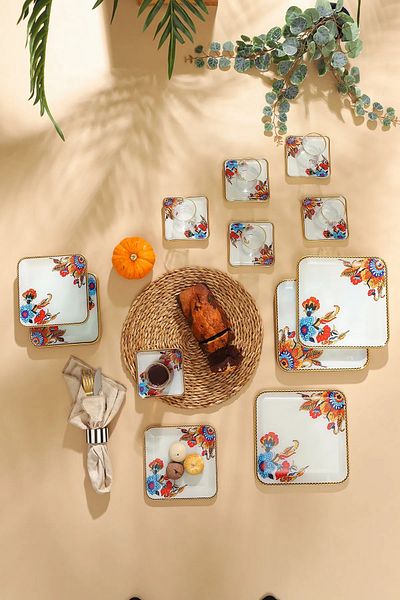 B&M 24 Piece White Floral Patterned Square Breakfast Set