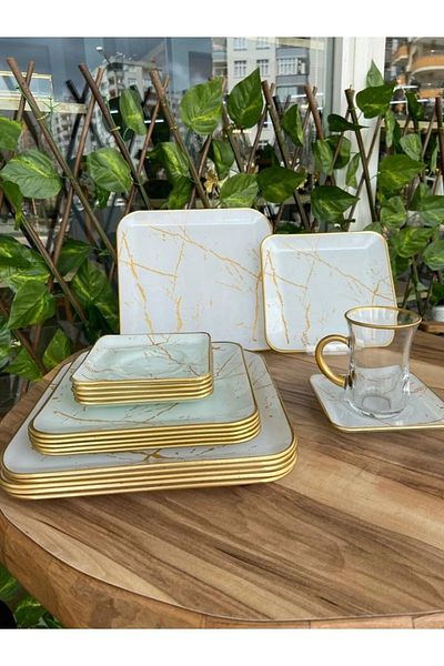 B&M 24 Piece White Marble Patterned Square Handle Breakfast Set