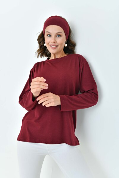mirach Claret Red Cotton Combed Cotton Tunic Blouse |   Long Sleeve Comfortable T-Shirt Stylish Top with Bandana Gift
