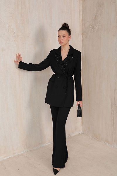 Melike Tatar Jewelled Collar Black Jacket Set - 32-2083