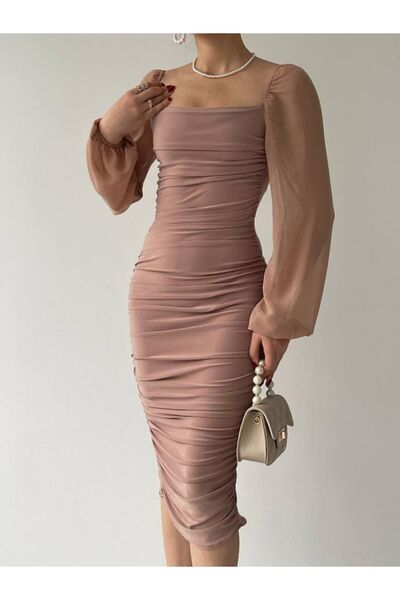 ADASTYLE Drafe Sandy Kare Yaka, pudra Elbise, Kolu Şifon
