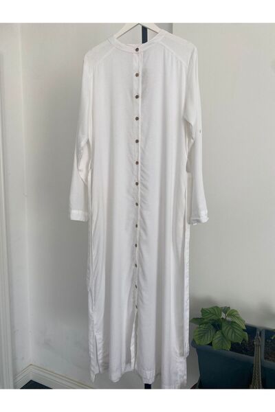 Bohemian Women's White Slit Long Sleeve Prevailing Collar Organic Cotton Kaftan