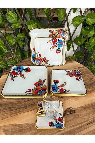 B&M 24 Piece Breakfast Set - White Floral Pattern and Square Handles