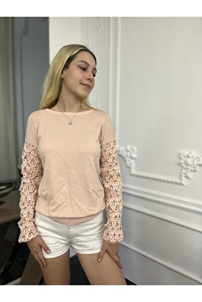 Bohemian Kadın Pudra Kolları Zarif Dantel İnci Detaylı Kazak