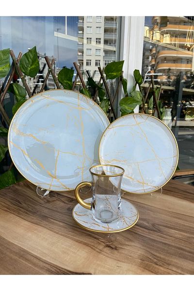 B&M 24 Piece White Marble Patterned Round Handle Breakfast Set