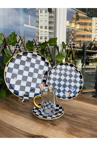 B&M 24 Piece Checkered Butterfly Patterned Round Handle Breakfast Set