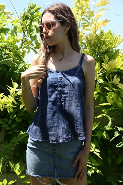 Bohemian Women's Antique Denim Color Looking Back Cross Strap Organic Cotton Natural Blouse