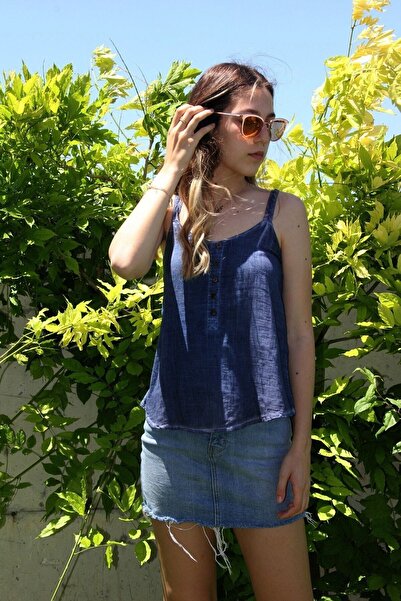 Bohemian Women's Antique Denim Color Looking Back Cross Strap Organic Cotton Natural Blouse