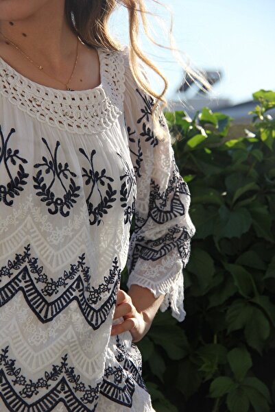 Bohemian Women's White Embroidered Silk Blouse