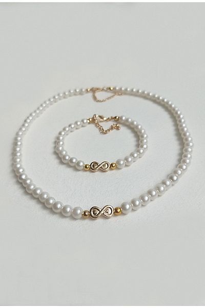 BİJUTERİ EVİ Women's Necklace Bracelet Set with Pearl Infinity Figure