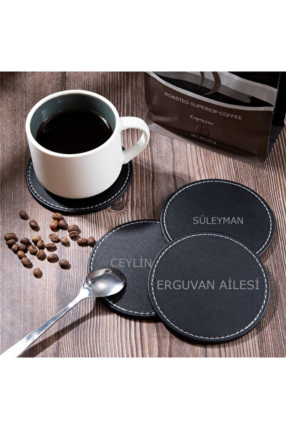 megame KİŞİYE ÖZEL Suni Deri Bardak Altlığı Çay Kahve Içecek Altlığı SİYAH MA...