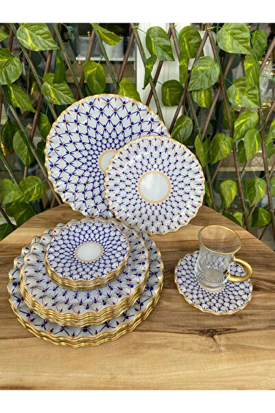 B&M Mücevher Desenli Kulplu Kıvrımlı Kahvaltı Seti 24 Parça