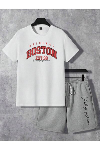 Moda Glo Λευκό Oversize Boston 98 εμπριμέ ανδρικό μπλουζάκι και σορτς - Crew Neck