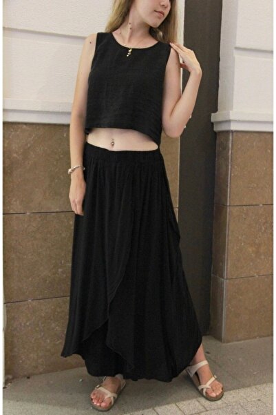 Bohemian Siyah Saf Keten Arkadan Düğmeli Bluz