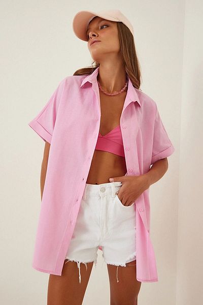 hazelin Γυναικείο ροζ Oversize μακρυμάνικο πουκάμισο Basic Poplin Hzl22s-bd 1201201