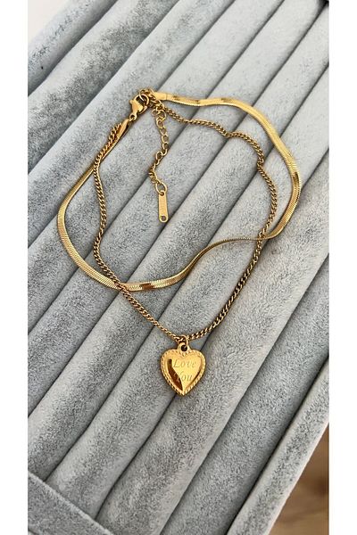 SU PERİSİ TAKI BİJUTERİ Steel Gold Italian Chain and Love You Detailed Anklet