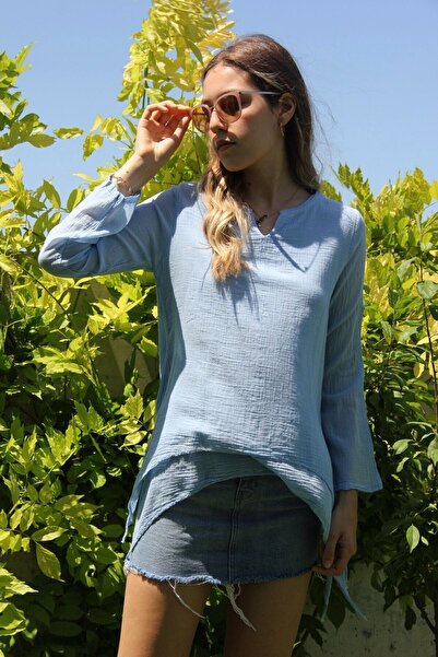 Bohemian Women's Blue Adjustable Long Sleeve Skirt Slit Natural Cotton Blouse