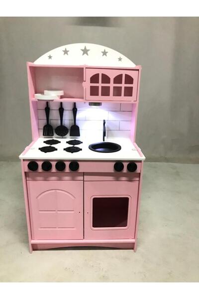 Özka Hobi Ahşap ÖZKA 2 KAPAKLI PEMBE AHŞAP OYUNCAK MUTFAK SETİ