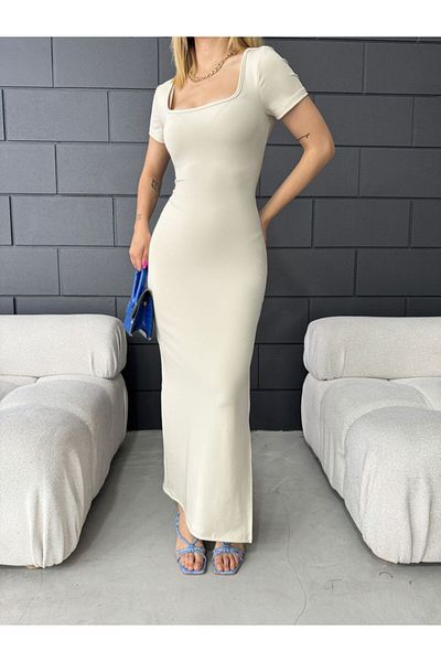 Fav Style Μπεζ Γυναικείο Φόρεμα - Τετράγωνος γιακάς, Κοντό μανίκι και Λεπτομέρεια με σκίσιμο