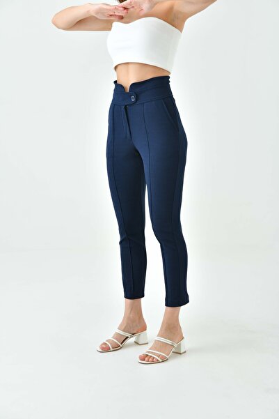 ubmbutik Жіночі брюки з високою талією з крепу - з поясом і вузькими штанинами