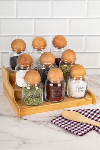 DNS HOME 9-Piece Glass Spice Rack Set with Transparent Label - with Wooden Ball and Stand, 300 ml Storage Jar