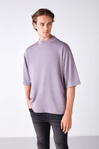 GRIMELANGE Ascolı Men's Oversize Fit Special Thick Textured Fabric High Collar Lilac T-shirt