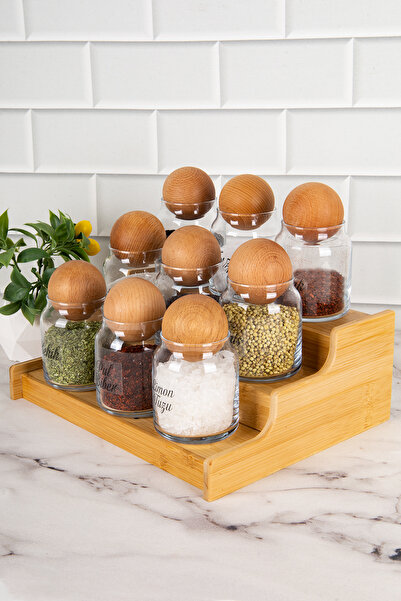 DNS HOME 9-Piece Glass Spice Rack Set with Transparent Label - with Wooden Ball and Stand, 300 ml Storage Jar