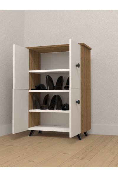 ESYAH Dekoratif Ahşap-Beyaz 4 Kapaklı Ayakkabılık