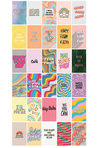 smartman İngilizce Yazı Sanatı Karışık Renkli Yazılı 30'lu Duvar Posteri Seti Oda Dekoru Kolaj Seti