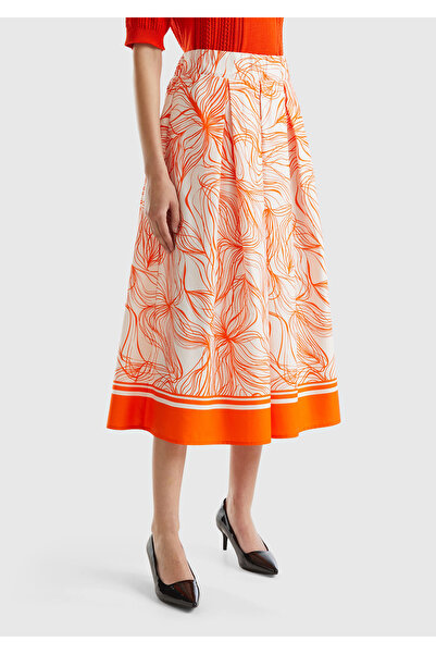 United Colors of Benetton Kadın Turuncu Mix Pamuk Karışımlı Tamamı Desenli Beli Büzgülü Uzun Etek