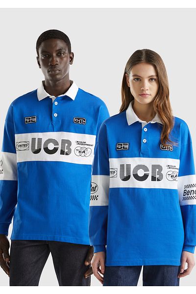 United Colors of Benetton Unisex Saks Blue 100% Cotton Logo Printed Polo Neck Sweatshirt