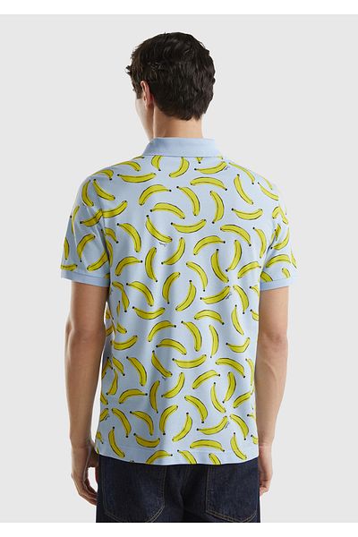 United Colors of Benetton Tricou albastru cu model de fructe cu gât polo pentru bărbați - 100% bumbac
