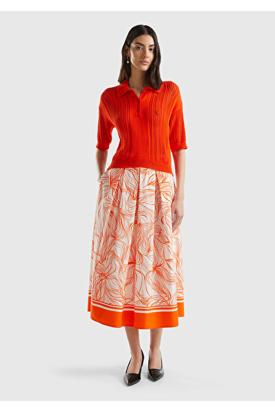 United Colors of Benetton Kadın Turuncu Mix Pamuk Karışımlı Tamamı Desenli Beli Büzgülü Uzun Etek