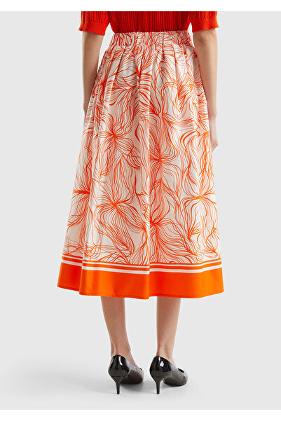 United Colors of Benetton Kadın Turuncu Mix Pamuk Karışımlı Tamamı Desenli Beli Büzgülü Uzun Etek