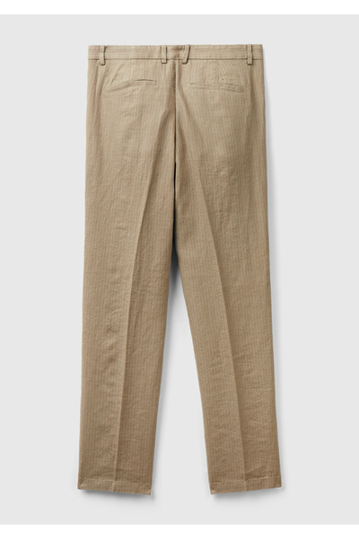 United Colors of Benetton Erkek Bej Keten Karışımlı Cebi Biyeli Kemer Delikli Pantolon