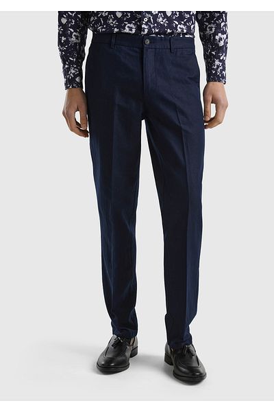 United Colors of Benetton Men's Linen Blended - Straight Dark Navy Blue Trousers with Pocket Ribbed Belt