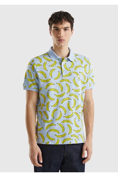 United Colors of Benetton Tricou albastru cu model de fructe cu gât polo pentru bărbați - 100% bumbac