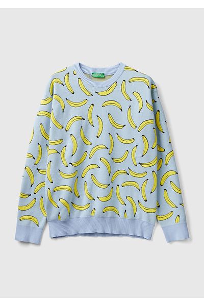 United Colors of Benetton Light Blue Fruit Patterned Crew Neck Knitwear Men's Sweatshirt