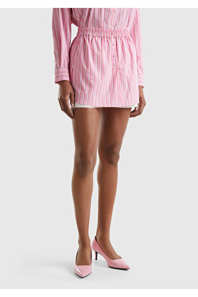 United Colors of Benetton Fusta scurtă de damă cu logo roz - talie adunată, dungi cu nasturi