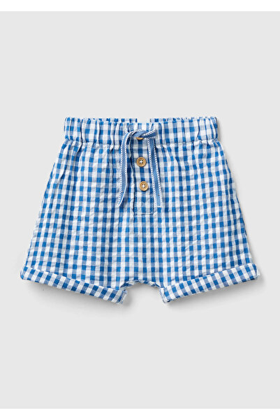 United Colors of Benetton Bebek Mavi-Beyaz Tamamı Ekose Desenli Beli Büzgülü ...