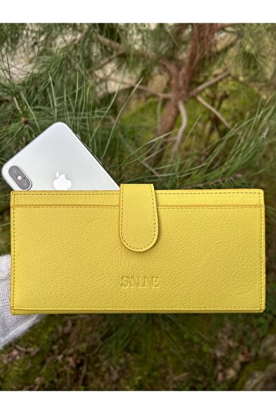 SANLINE Sanlıne Hakiki Deri Telefon Bölmeli Kadın Cüzdan - El Portföyü Sarı