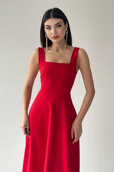 lovebox Κόκκινο Midi Flared φόρεμα - Τετράγωνος γιακάς και χοντρές τιράντες, Σχεδιασμένο 151