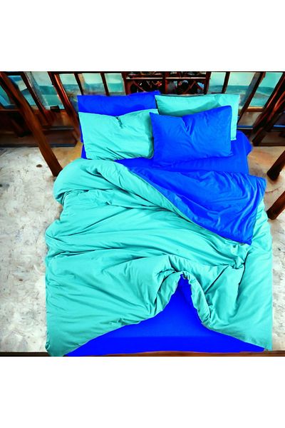 MAJESTE Double Sided Use Combination/Ranforce Single Duvet Cover Set-2 Pillowcases-Mint/Sax Blue
