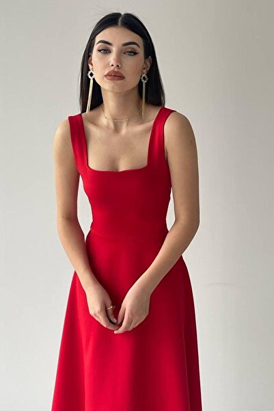 lovebox Red Midi Flared Dress - Square Collar and Thick Straps, Designed 151