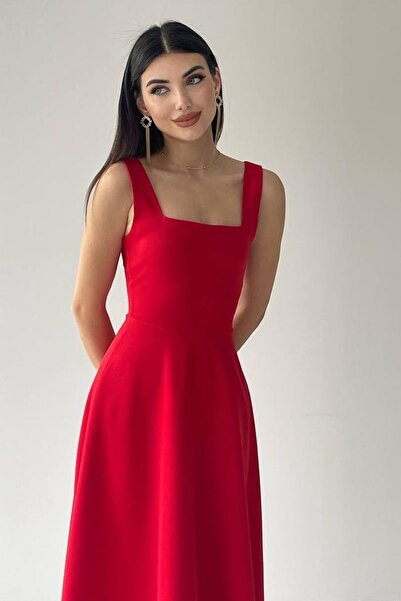 lovebox Red Midi Flared Dress - Square Collar and Thick Straps, Designed 151