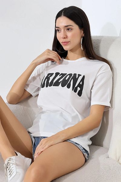 hazelin Λευκό μαύρο γυναικείο μπλουζάκι με στάμπα Arizona - Crew Neck HZL24S-DSB 120261