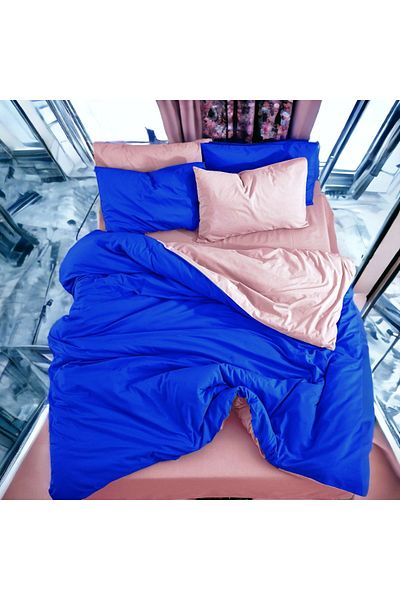 MAJESTE Double Sided Use Combination/Ranforce Single Duvet Cover Set-2 Pillowcases-Sax Blue/Powder